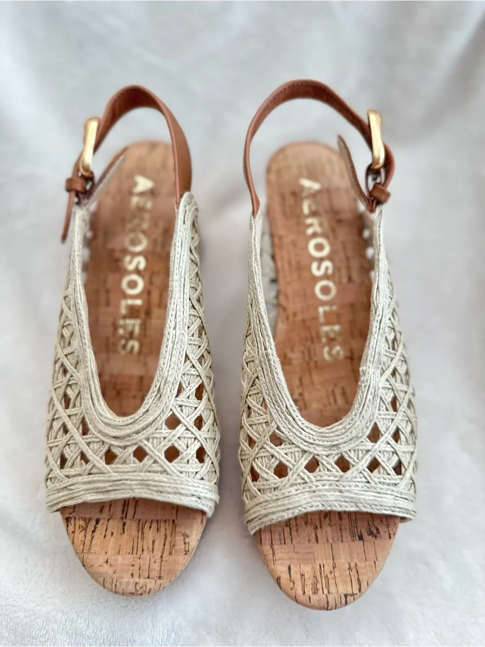 AEROSOLES Cream Woven Cork Wedge Sandals with Tan Ankle Strap